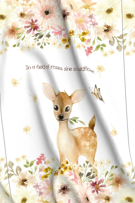 'Sweet Fawn ' Patchwork Minky Panel 108cm x 90cm (+20cm floral strip)
