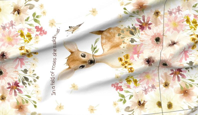 'Sweet Fawn ' Patchwork Minky Panel 108cm x 90cm (+20cm floral strip)